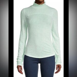 NWT Free People We The Free Caroline Smocked Turtleneck Top Iced Aqua Sz Small